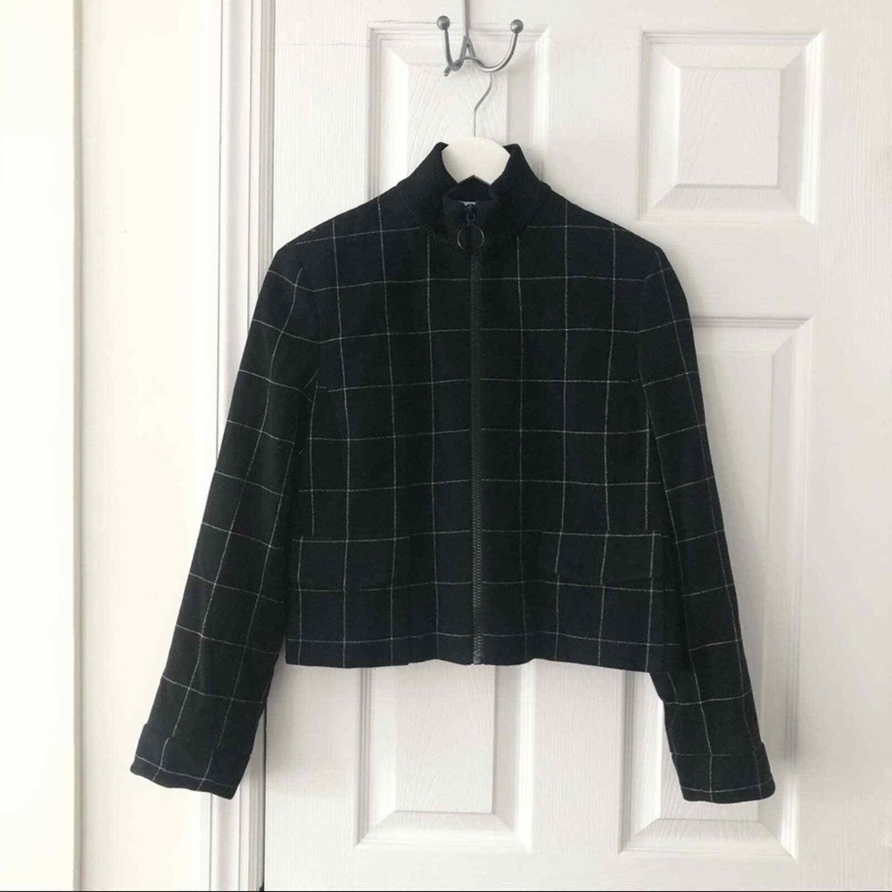 Akris Punto Black White Grid Cropped Ring Zip Up High Neck Blazer Jacket